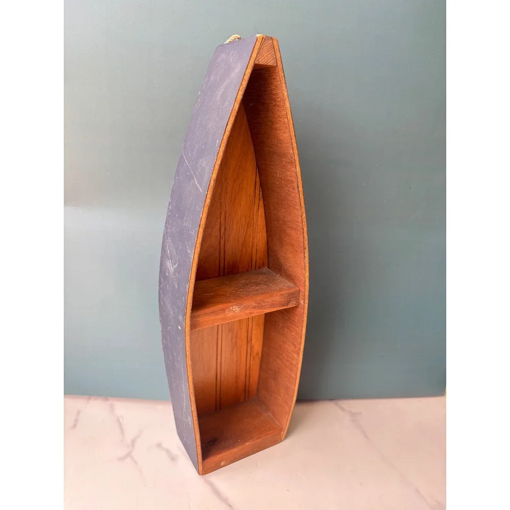 Wooden Boat Shelf Nautical Navy Blue Wall Decor Canoe Display 15.5 Inch